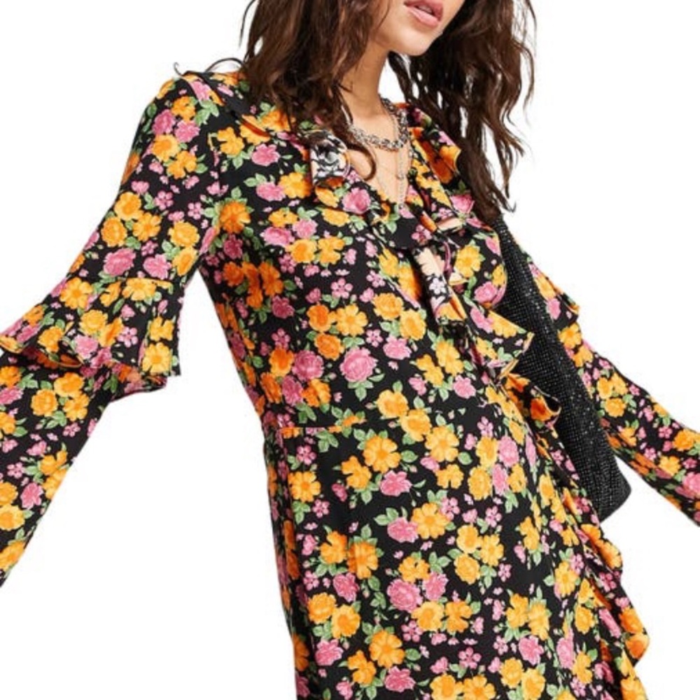 Floral Wrap Mini Dress Ruffle Long Sleeve Topshop Black Rose Print Boho 6 New